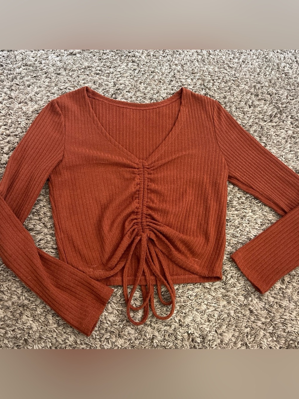 Women's Rust Ribbed Drawstring Long-Sleeve Top